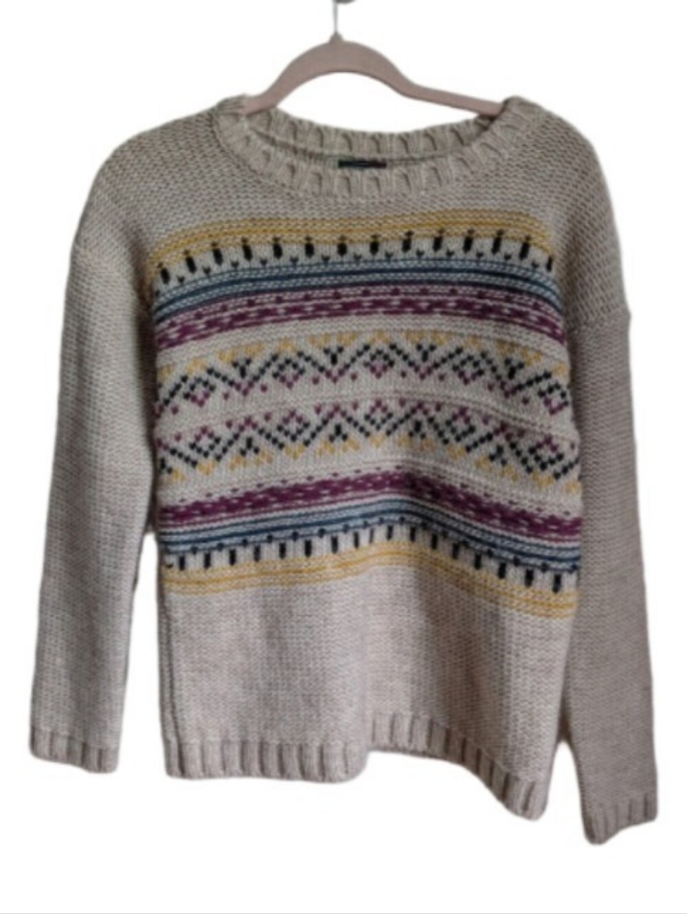 VINTAGE Neutrals Fair Isles  Multicolored Alpaca Crewneck Knit Sweater Medium